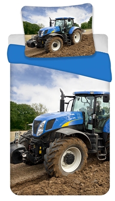 Traktor sengetøj - 140x200 cm - sengesæt med blå traktor - 100% bomuld 